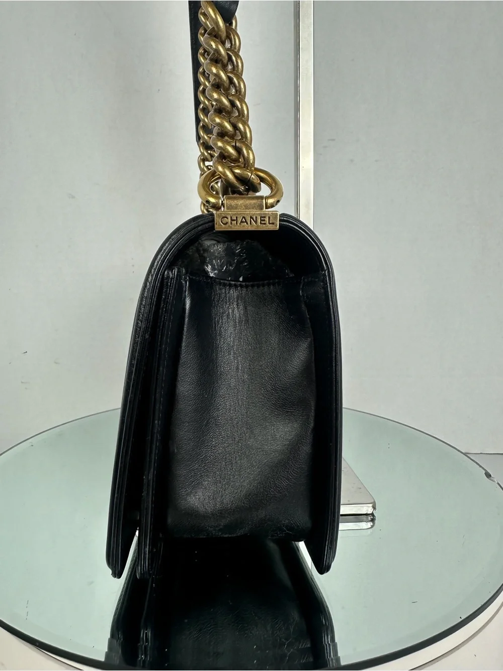 CHANEL BOY LEATHER flap Bag BLK Medium SHW